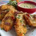 Delicious gluten free chicken tenders served with a dipping sauce