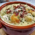 Bowl of gluten-free dairy-free potato soup in a rustic kitchen setting