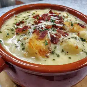 Bowl of gluten-free dairy-free potato soup in a rustic kitchen setting