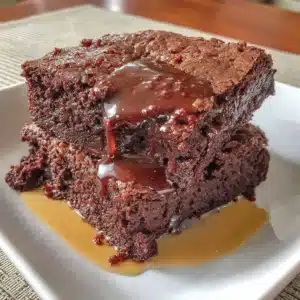 Delicious gluten-free fudgy brownies on a plate with chocolate drizzle