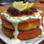 Gluten free lemon poppy seed blackberry cake slice on a plate