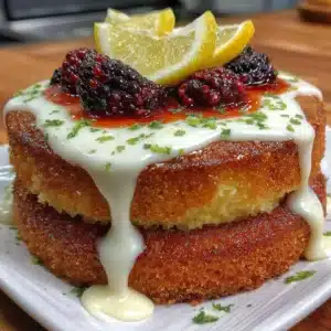 Gluten free lemon poppy seed blackberry cake slice on a plate
