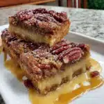Delicious gluten-free pecan pie bars served on a rustic wooden table.