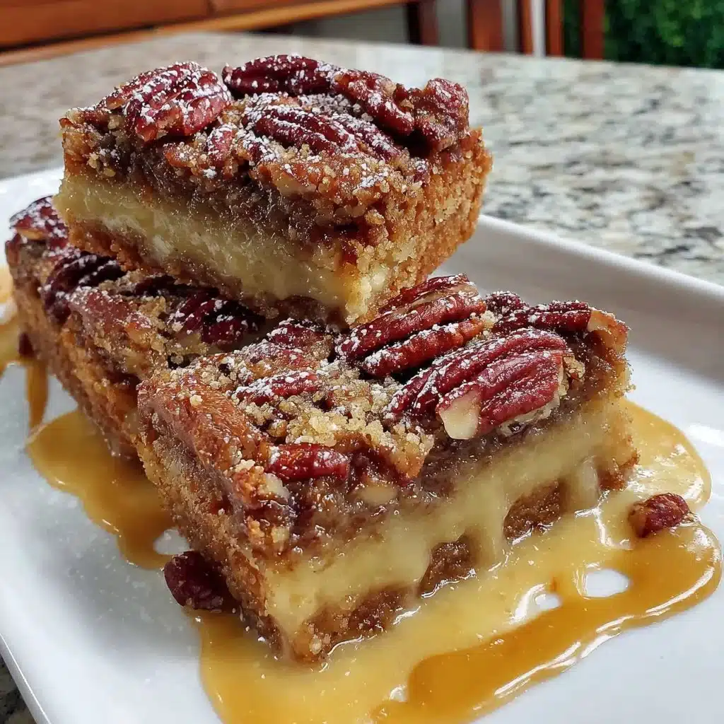 Delicious gluten-free pecan pie bars served on a rustic wooden table.