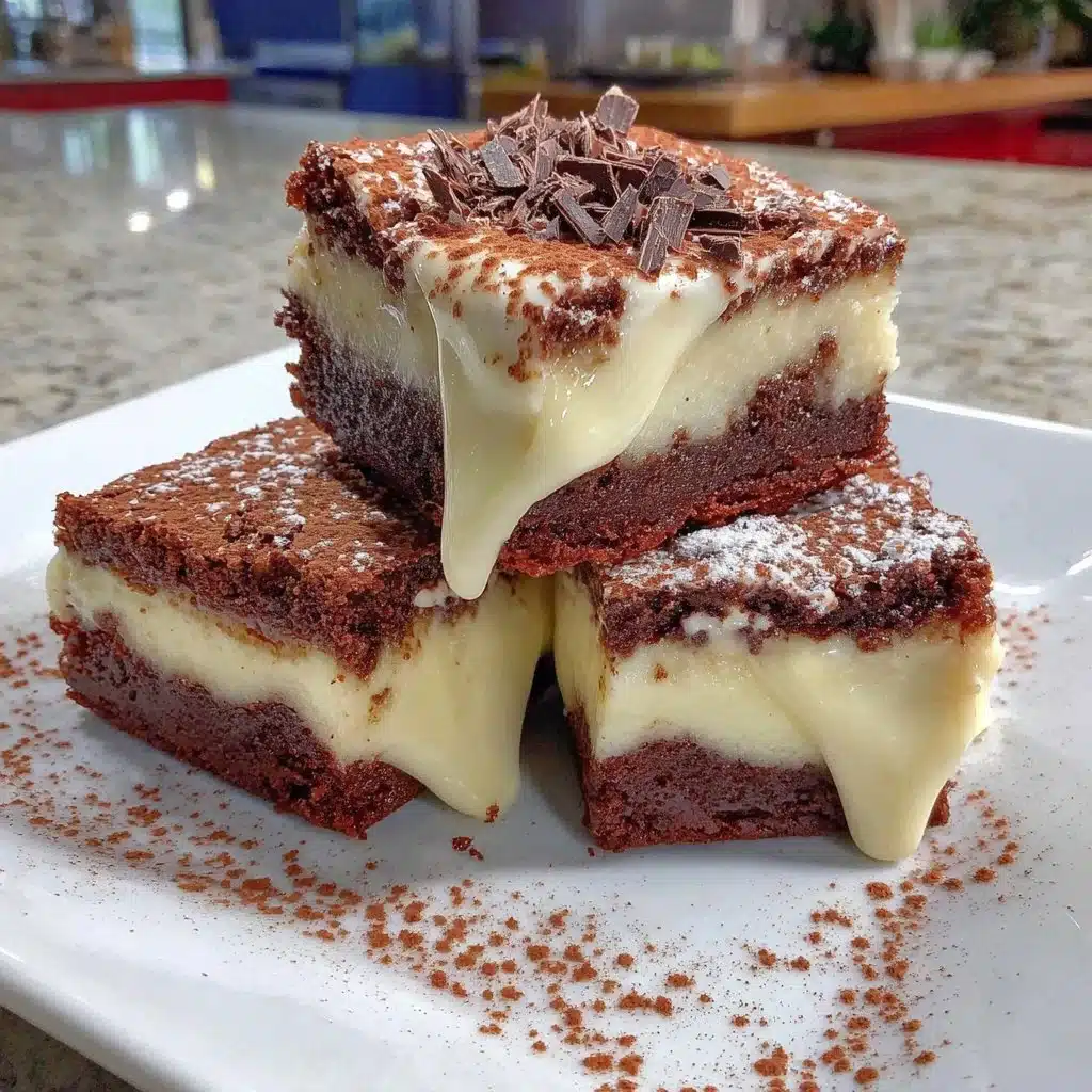 Delicious gluten-free tiramisu brownies topped with cocoa powder and coffee.