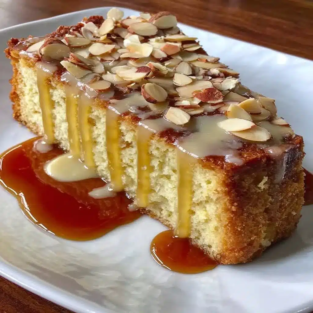 Gluten-free vegan almond cake garnished with almonds and served on a white plate.