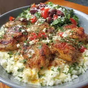 Delicious Greek chicken bowls with fresh vegetables and herbs