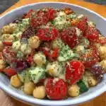 Colorful Greek Chickpea Salad with vegetables, feta, and dressing