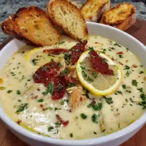 Delicious bowl of Greek Lemon Chicken Soup garnished with lemon and herbs