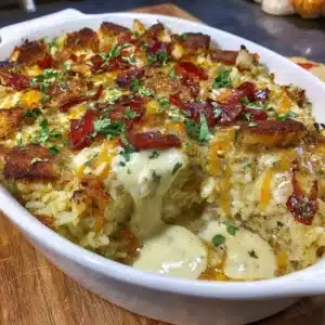 Healthy chicken and rice casserole dish served in a baking dish