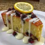 Healthy lemon blueberry cake topped with fresh blueberries and lemon zest.