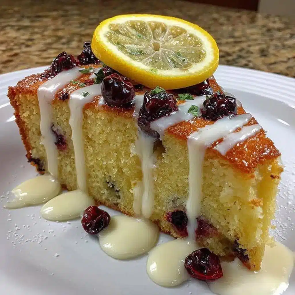 Healthy lemon blueberry cake topped with fresh blueberries and lemon zest.