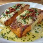 Delicious Honey Garlic Salmon fillets on a plate, garnished with herbs.
