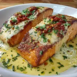 Delicious Honey Garlic Salmon fillets on a plate, garnished with herbs.
