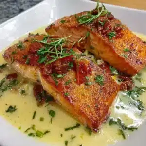 Delicious honey glazed salmon served on a plate with fresh vegetables