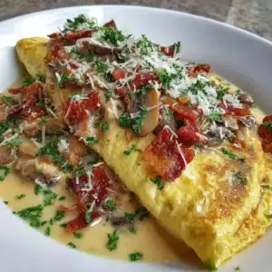 Keto Bacon and Mushroom Omelette served on a plate, perfect for low-carb diets.