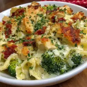 Keto Chicken Alfredo Broccoli Bake with creamy sauce and tender chicken