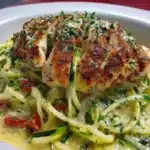Keto Chicken Alfredo served with zoodles and garnished with parsley