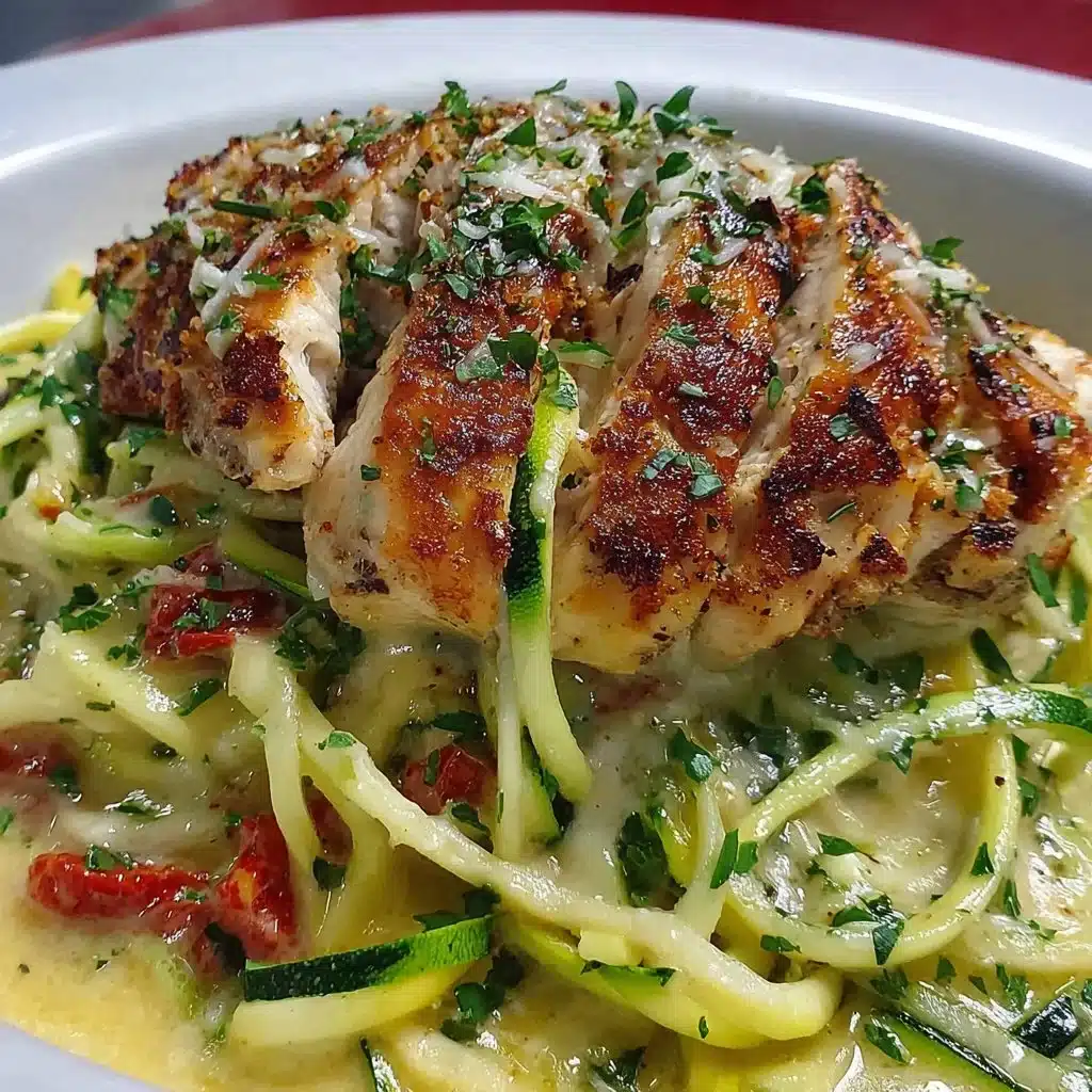 Keto Chicken Alfredo served with zoodles and garnished with parsley