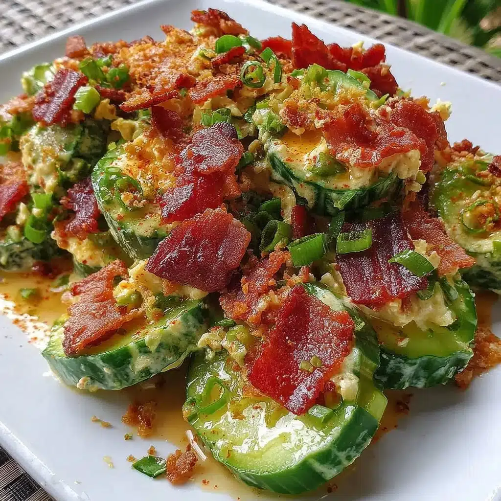 Low-carb cucumber egg salad topped with crispy bacon in a bowl