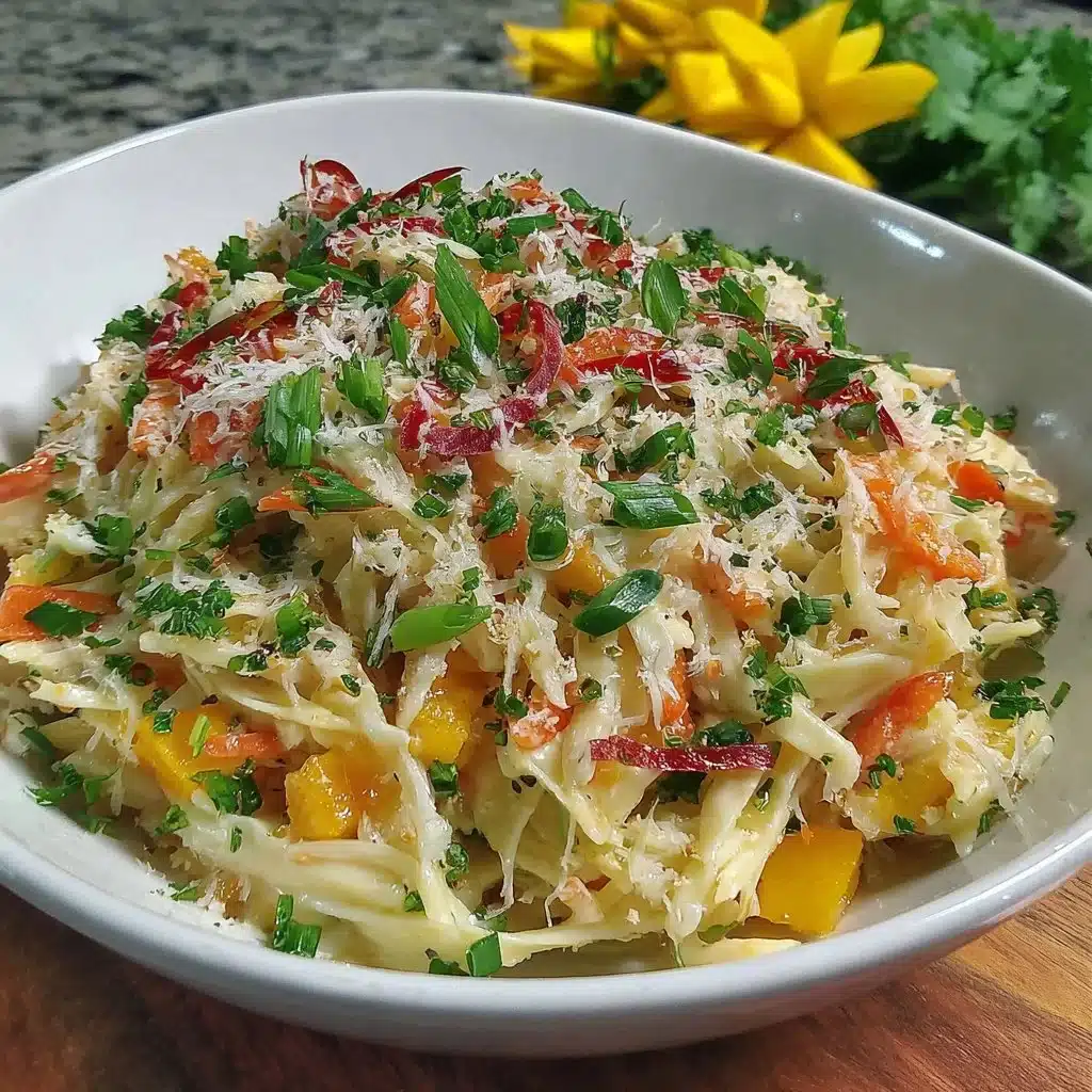Colorful mango slaw salad with fresh vegetables and dressing