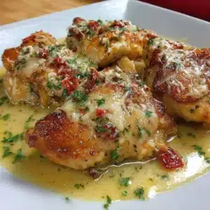 Delicious plate of Marry Me Chicken with creamy sauce over pasta