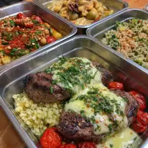 Colorful Mediterranean meal prep bowls with fresh ingredients and healthy toppings