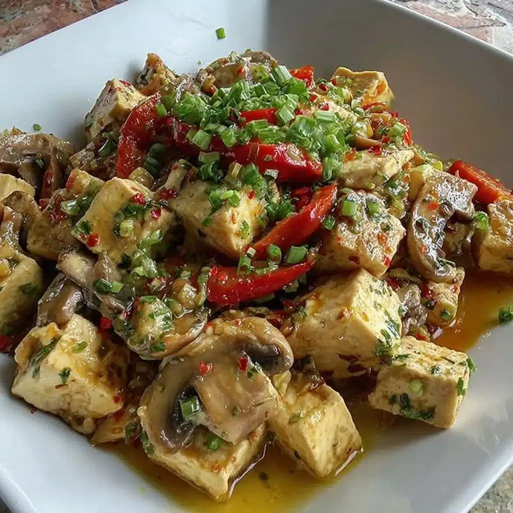 Colorful mushroom and tofu stir-fry with fresh vegetables in a wok.