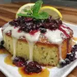 One Bowl Vegan Lemon Blueberry Cake topped with fresh blueberries and lemon zest.