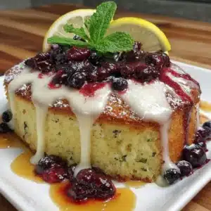 One Bowl Vegan Lemon Blueberry Cake topped with fresh blueberries and lemon zest.