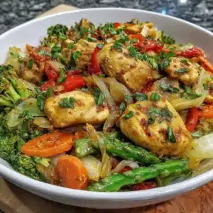 Paleo chicken and vegetable stir fry in a skillet, colorful and healthy dish