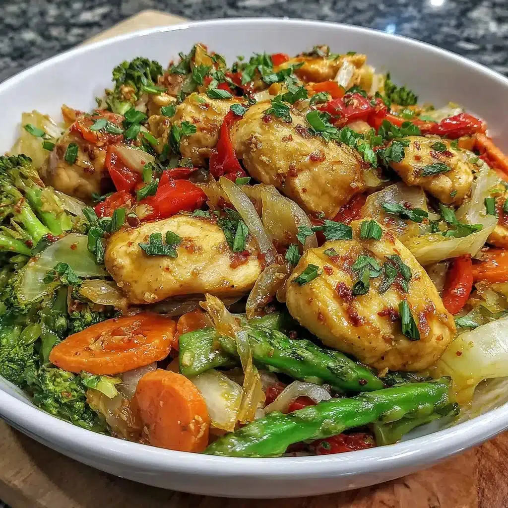 Paleo chicken and vegetable stir fry in a skillet, colorful and healthy dish
