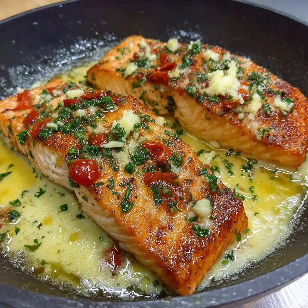Pan-seared garlic butter salmon served on a plate with herbs and lemon.