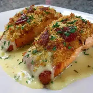 Parmesan Crusted Salmon served with fresh herbs and lemon