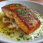 Crispy honey garlic salmon fillet garnished with herbs and served on a plate