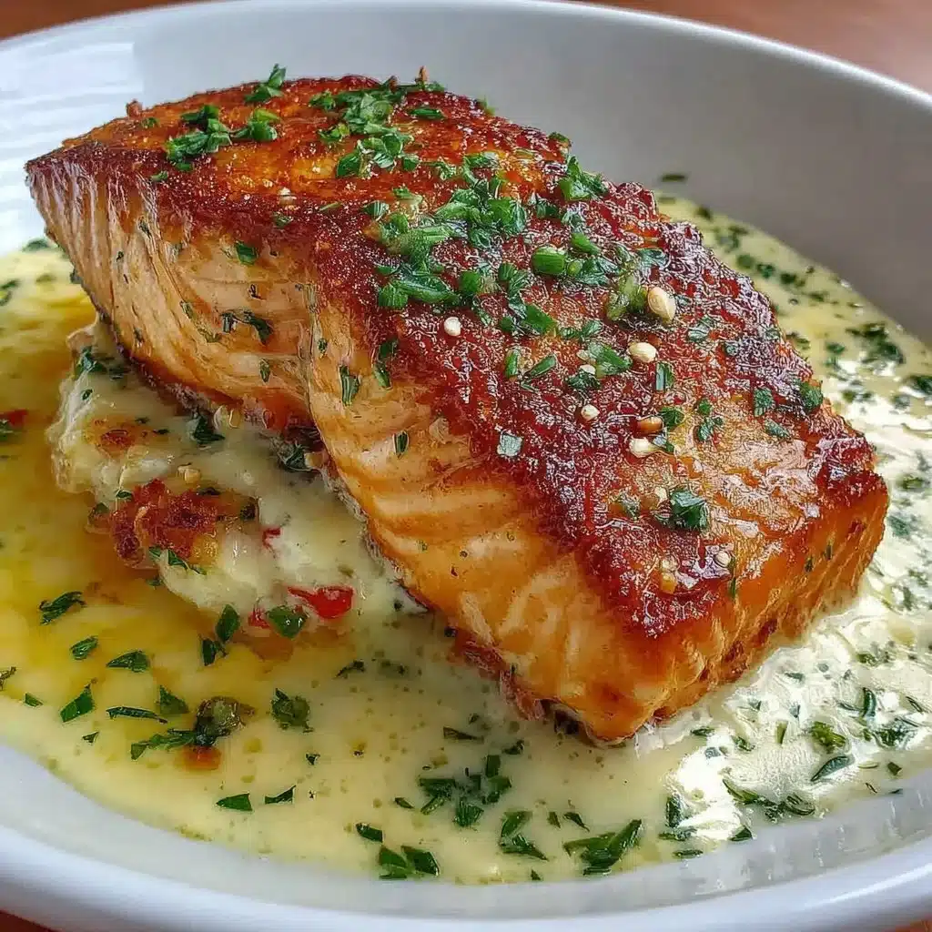 Crispy honey garlic salmon fillet garnished with herbs and served on a plate