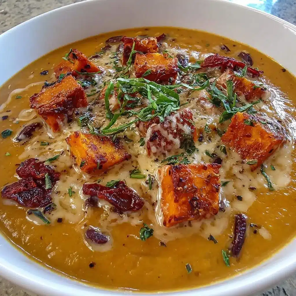 Bowl of roasted sweet potato and black bean soup garnished with herbs