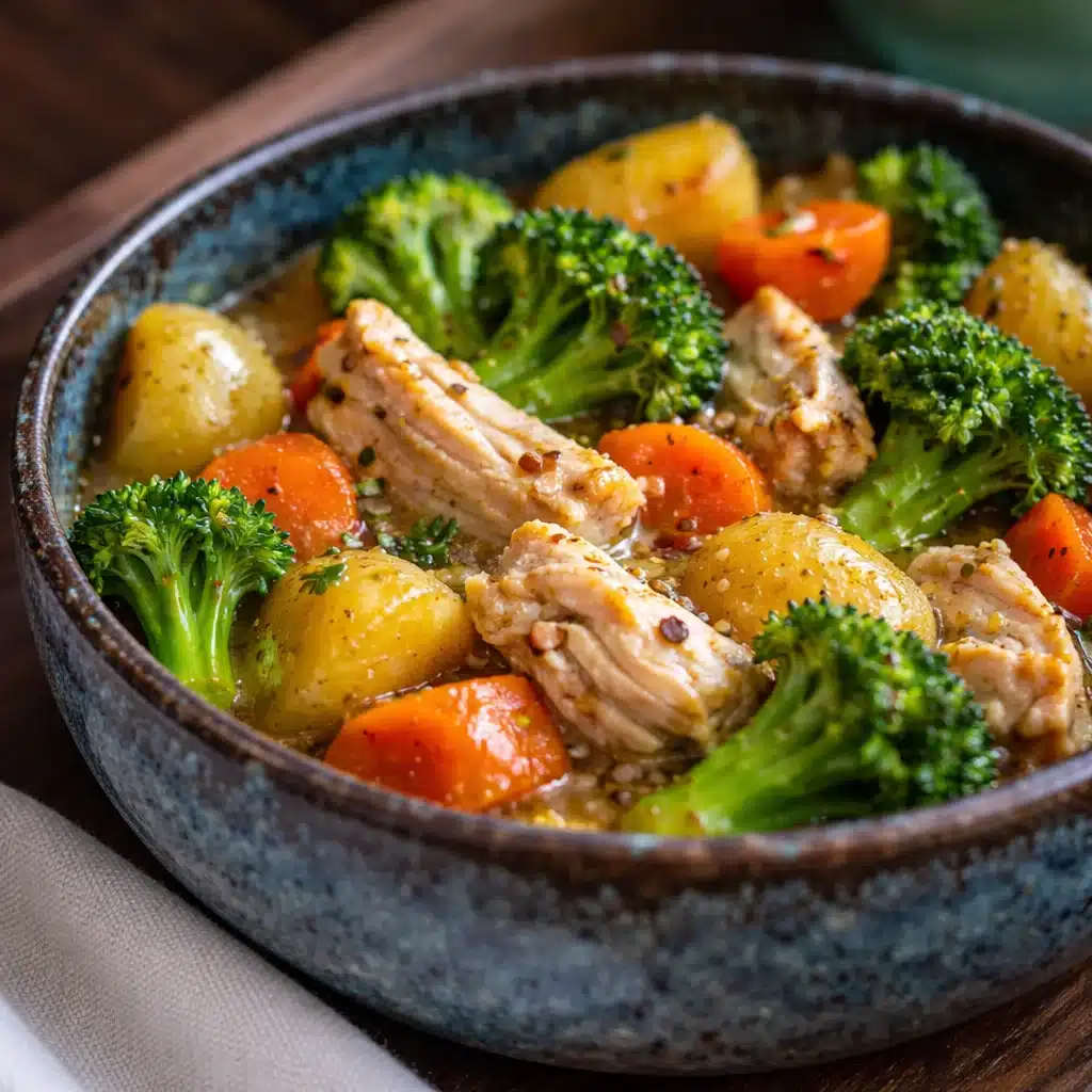 Gluten free baked chicken accompanied by colorful roasted vegetables.