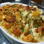 Savory creamy chicken potato casserole with melted cheese and herbs