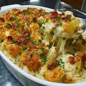 Savory creamy chicken potato casserole with melted cheese and herbs