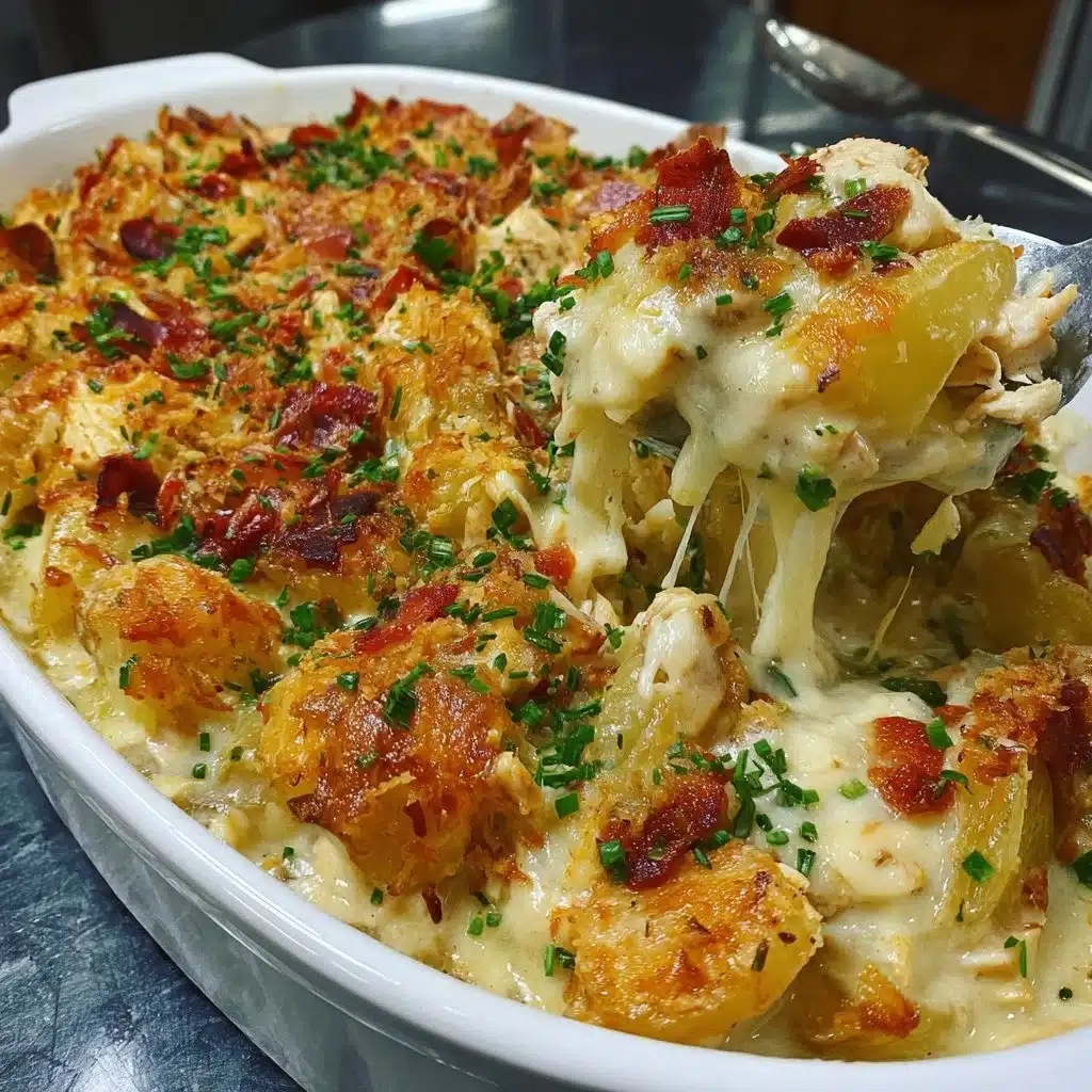 Savory creamy chicken potato casserole with melted cheese and herbs