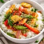 Quick gluten free chicken vegetable stir fry filled with fresh vegetables and savory sauce.