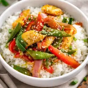 Quick gluten free chicken vegetable stir fry filled with fresh vegetables and savory sauce.