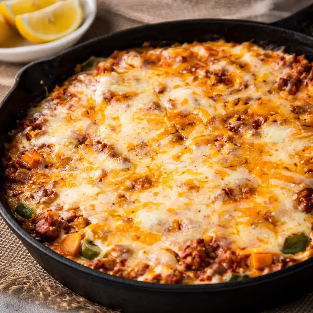 Delicious gluten free ground beef dinner skillet with colorful vegetables and spices