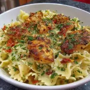 Plate of sticky garlic chicken noodles garnished with green onions