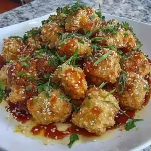 Delicious sticky sesame cauliflower dish garnished with sesame seeds and scallions.