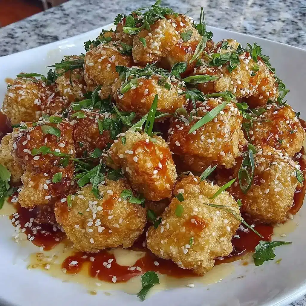 Delicious sticky sesame cauliflower dish garnished with sesame seeds and scallions.