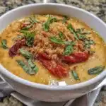 Bowl of Thai Coconut Red Lentil Soup garnished with herbs and spices