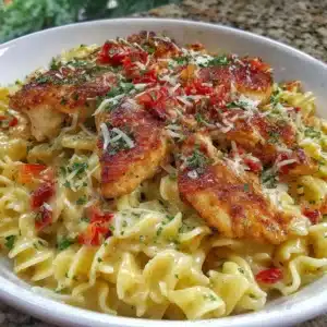 Creamy garlic parmesan chicken pasta dish garnished with parsley