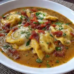 Bowl of delicious Tomato Dumpling Soup with fresh herbs and dumplings